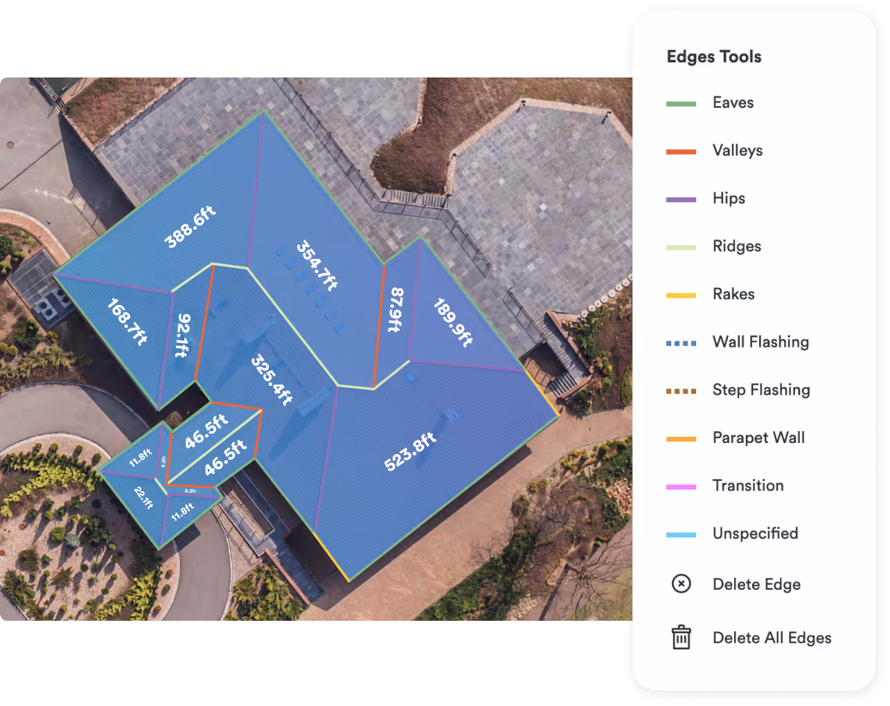 A Roofr roof measurement tool highlighting various roof sections with labeled dimensions and color-coded edges for precise calculations.